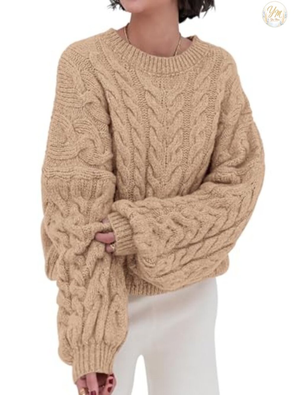 Oversized Acrylic Cable Knit Crewneck Pullover Sweater